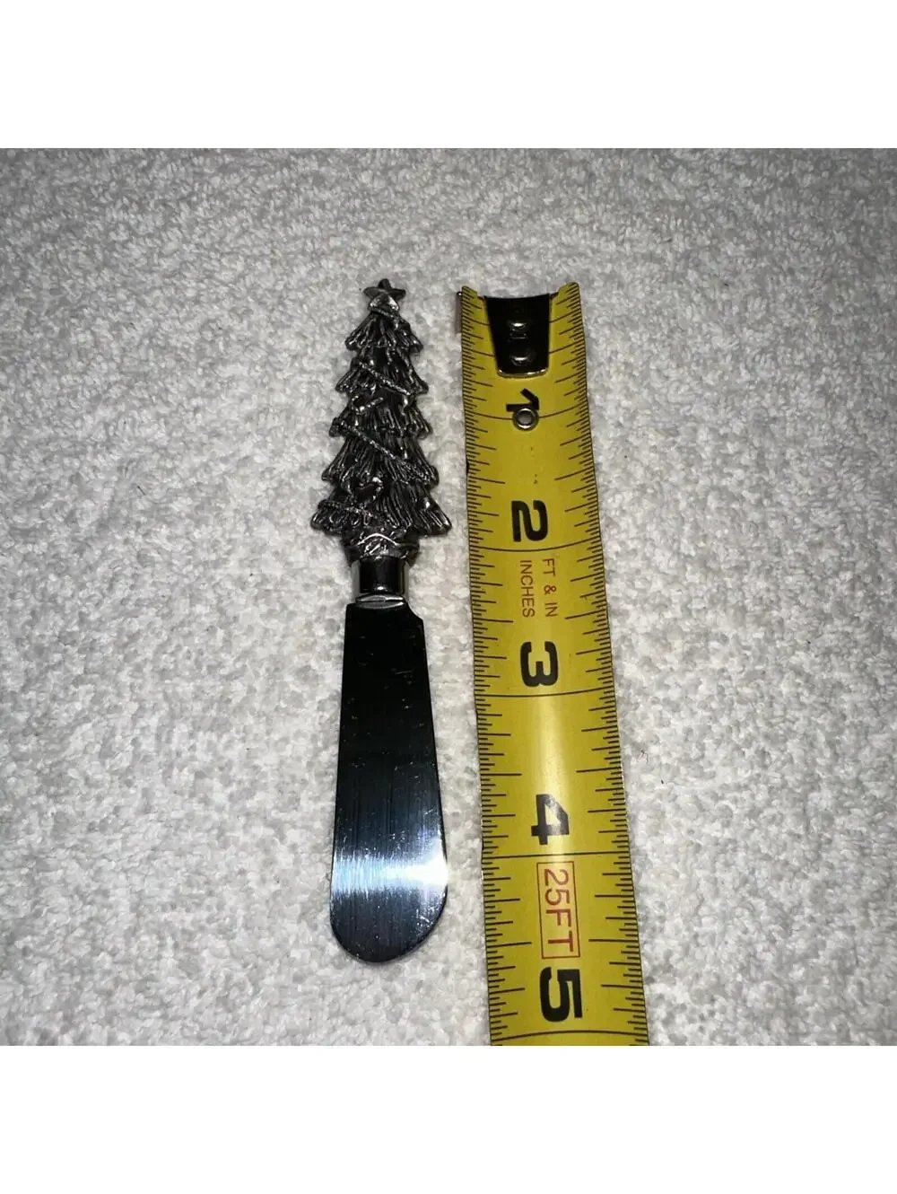 Vtg Gang STAINLESS AND PEWTER CHEESE SPREADER w Christmas Tree handle Ornate